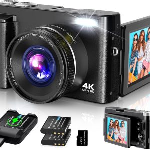 4K Digital Camera for Photography Autofocus, 2024 Latest 48MP Vlogging Camera for YouTube with SD Card, 2 Batteries, 3" 180°Flip Screen Compact Travel Camera for Teens with 16X Zoom, Anti-Shake,Black